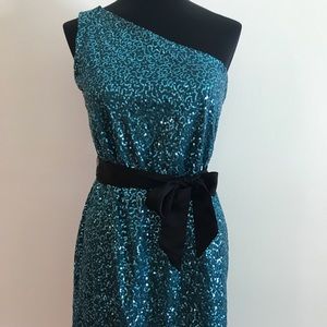 One-shoulder, sequin cocktail dress.  Teal.